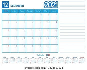 2021 Calendar Monthly Planner Design, December 2021 year vector calendar design