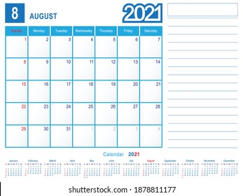2021 Calendar Monthly Planner Design, August 2021 year vector calendar design