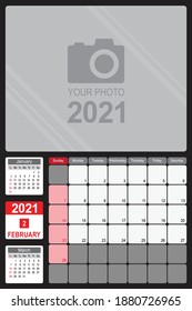 2021 Calendar Monthly Planner Design, February 2021 year vector calendar design