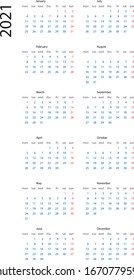 2021 Calendario neto. Diseño de diseño universal, clásico 