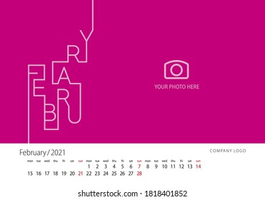 2021 Calendar New Year February modern line design template pink background