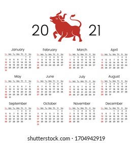 2021 calendar for the new year with the image of a ox. Year of the bull according to the lunar Chinese calendar. Calendar grid. Week starts on Sunday. flat vector illustration isolated on white back
