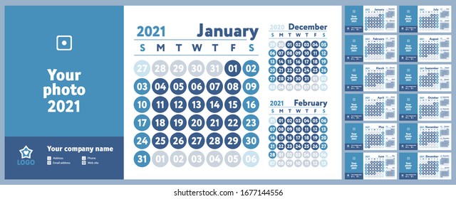 2021 Calendar. New Year Planner Design. English Calender. Blue Color Vector Template. Week Starts On Sunday. Business Planning. 