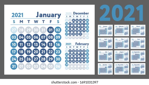 2021 Calendar. New Year Planner Design. English Calender. Blue Color Vector Template. Week Starts On Sunday. Business Planning. 