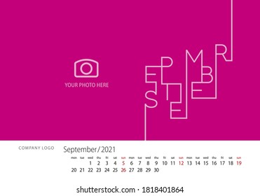 2021 Calendar New Year September modern line design template pink background