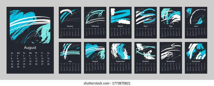 2021 Calendar on a dark background design set of 12 months. 2021 Week starts on Sunday.  Vertical Template A4 or A3 format. Business Calendar planner. Stationery design. 