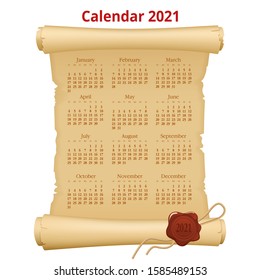 2021 Calendar on old paper. Week Starts Sunday. Portrait Orientation. Set of 12 Months. Planner for 2021 Year.