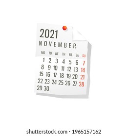 2021 Calendar on white paper, November. Editable vector over white background