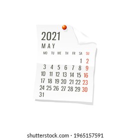 2021 Calendar on white paper, May. Editable vector over white background