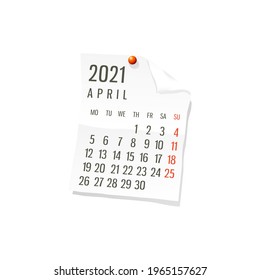 2021 Calendar on white paper, April. Editable vector over white background