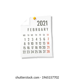 2021 Calendar on white paper, February. Editable vector over white background