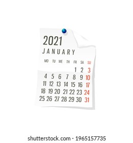2021 Calendar on white paper, January. Editable vector over white background