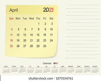 2021 Calendar Paper Note, April 2021 year vector calendar design