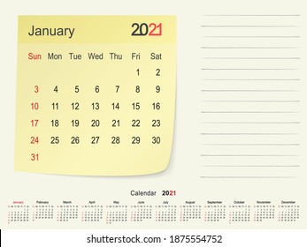 2021 Calendar Paper Note, January 2021 year vector calendar design