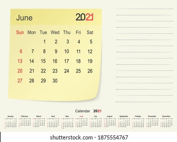 2021 Calendar Paper Note, June 2021 year vector calendar design