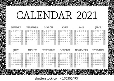 2021 calendar planner with border. Сorporate week. Template layout, 12 months yearly, white and black background.  Simple design for business. Week starts from Sunday.
