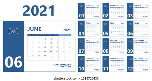 2021 calendar planner. Collection of 12 month. Week starts on Monday. 2021 year organizer 2021 calendar modern minimal design. Vector illustration