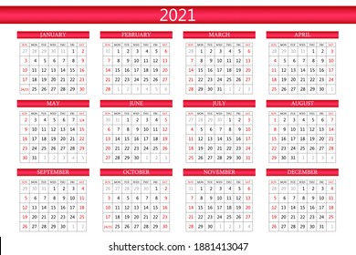 2021 calendar planner. Corporate week. Template layout, 12 months yearly, white background. Simple design for business brochure, flyer, print media, advertisement. Week starts from Sunday.