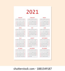 2021 calendar planner. Corporate week. Template layout, 12 months yearly, white background. Simple design for business brochure, flyer, print media, advertisement. Week starts from Sunday. A4 size.