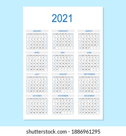 2021 calendar planner. Corporate week. Template layout, 12 months yearly, white background. Simple design for business brochure, flyer, print media, advertisement. Week starts from Sunday. A4 size.