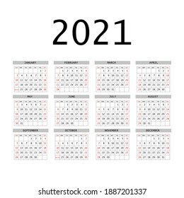 2021 calendar planner. Corporate week. Template layout, 12 months yearly, white background. Simple design for business brochure, flyer, print media, advertisement. Week starts from Sunday.