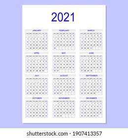 2021 calendar planner. Corporate week. Template layout, 12 months yearly, white background. Simple design for business brochure, flyer, print media, advertisement. Week starts from Sunday. A4 size.