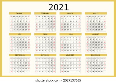 2021 calendar planner. Corporate week. Template layout, 12 months yearly, white background. Simple design for business brochure, flyer, print media, advertisement. Week starts from Sunday. A4 size.