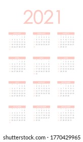 2021 Calendar Planner Design.Week Starts on Sunday.