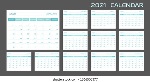 2021 calendar planner diary template in a minimalist style. 12 months 2021 pages. Week starts on sunday.