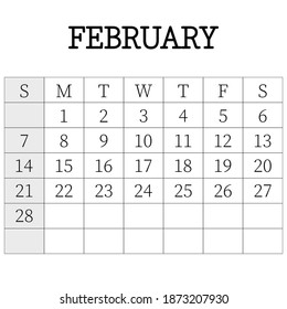 2021 calendar planner. February. Corporate week. Template layout, 12 months yearly, white background. Simple design for business brochure, flyer, print media, advertisement. Week starts from Sunday.