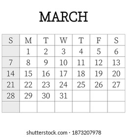 2021 calendar planner. March. Corporate week. Template layout, 12 months yearly, white background. Simple design for business brochure, flyer, print media, advertisement. Week starts from Sunday.
