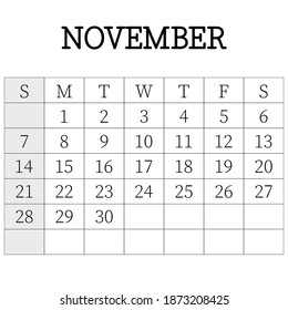 2021 calendar planner. November. Corporate week. Template layout, 12 months yearly, white background. Simple design for business brochure, flyer, print media, advertisement. Week starts from Sunday.