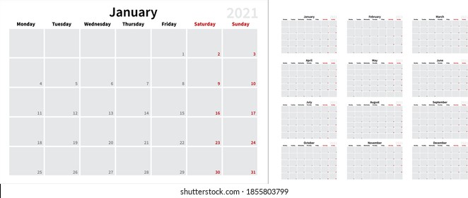 2021 Calendar Planner Scheduler, all months, monday first day of week