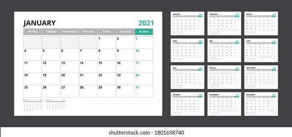 2021 calendar planner set for template corporate design week start on Monday.