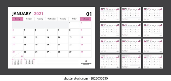 2021 calendar planner set for template corporate design week start on Sunday.