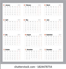 2021 calendar planner set for template corporate design week start on Monday.