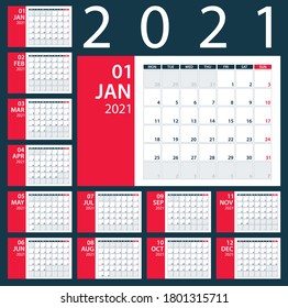 2021 Calendar Planner - vector illustration. Template. Mock up.