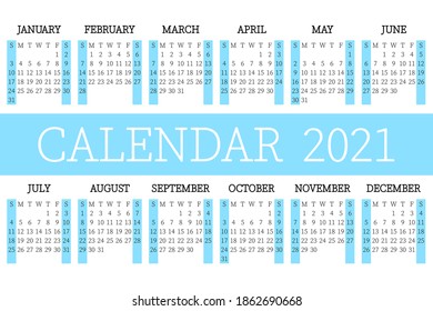 Kalenderplaner 2021. С Woche. Template-Layout, 12 Monate im Jahr, weißer und blauer Hintergrund.  Einfaches Design für Geschäftsbroschüre, Flyer, Printmedien, Werbung. Die Woche beginnt am Sonntag.