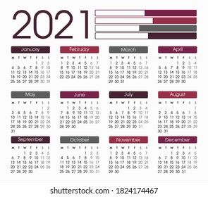 2021 Calendar. Planner 2021 year. Calendar design template. English calender. Сolor vector. Week starts on Monday. Minimal table planning
