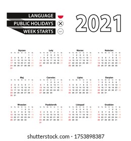 2021 calendar in Polish language, week starts from Sunday. Vector Illustration.