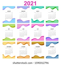 2021 Calendar, Print Template with Place for Photo, Your Logo and Text. Week Starts Sunday. Portrait Orientation. Set of 12 Months. Planner for 2021 Year.