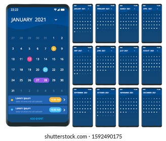 2021 Calendar, Print Template with Place for Photo, Your Logo and Text. Week Starts Sunday. Portrait Orientation. Set of 12 Months. Planner for 2021 Year.