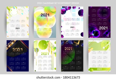 2021 calendar set 8 different design options. US Letter format. Editable calender page template. Abstract background vector illustrations
