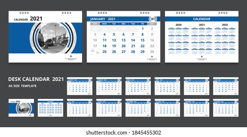Kalender 2021. Legen Sie einen Schreibtischkalender für das Corporate Design der Vorlage fest. Woche beginnt am Sonntag.