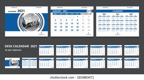 2021 calendar. Set desk calendar for template corporate design. Week start on Monday.