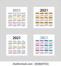 2021 calendar set. Simple vector template. Colorful vector set. Week starts on Sunday. Vertical calendar design template. Mock up. 2021 Calendar - illustration. Rainbow square planner.