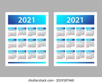 2021 calendar set. Simple vector template. Colorful vector set. Week starts on Sunday. Vertical calendar design template. Mock up. 2021 Calendar - illustration. Rectangular planner.