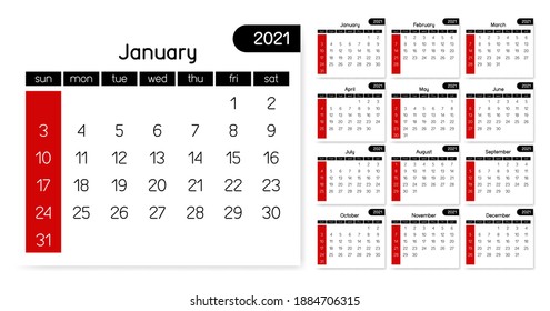 2021 Calendar simple clean white black red full month year vector template
