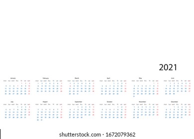 2021 Calendar simple net. Yearly planner stationery universal, classic design 