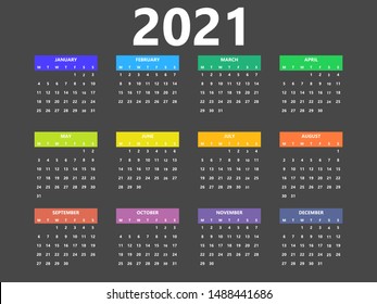 2021 calendar simple style planner layout.  Colorful headers.  Week starts from Monday